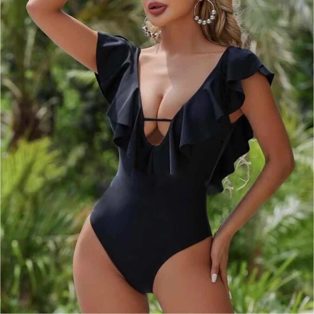 SPORLIKE Women One Piece Swimsuit V-Neck Ruffle Bathing Suit Padded Monokini M